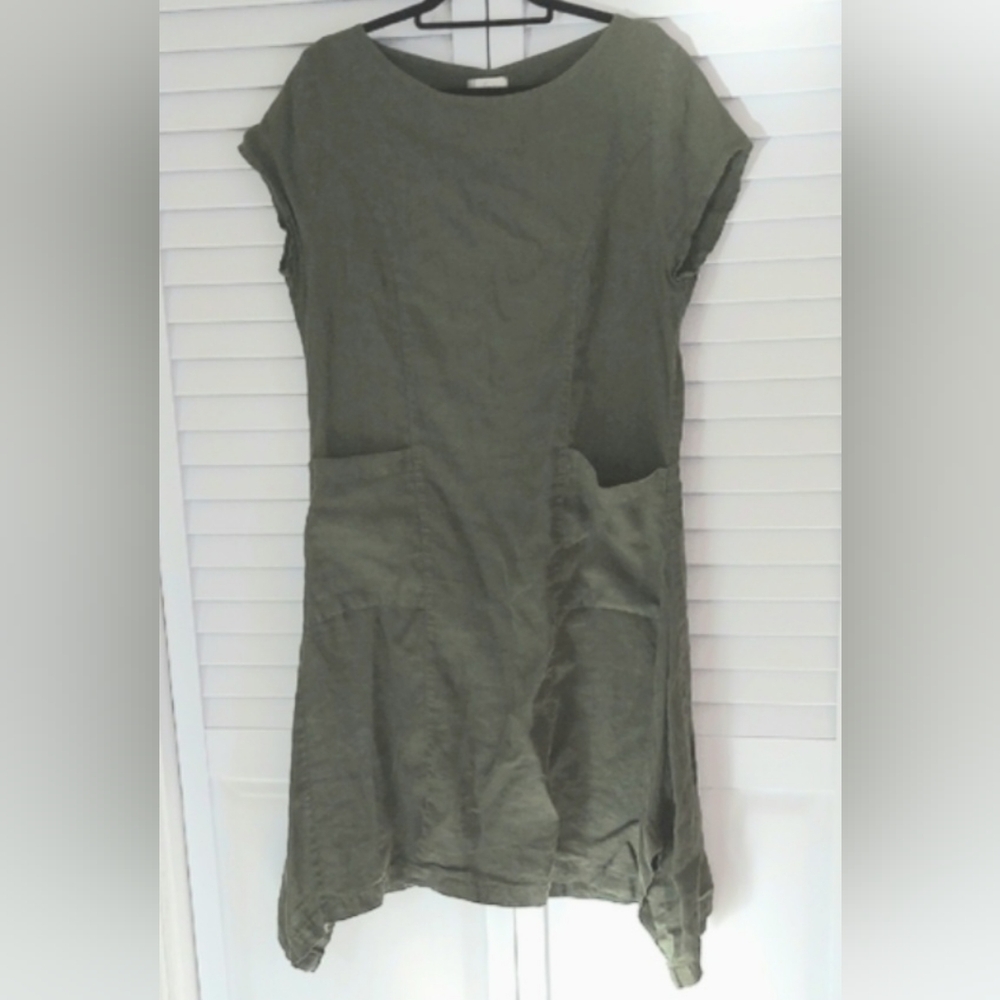 Mosaic USA Dress, Size M, Midi 100% Linen, Olive Green, Pockets, Vintage, Y2K